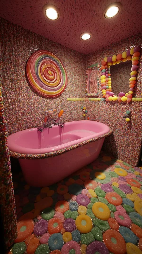 Candy-Colored Bathroom Wallpaper with Pink Tub and Spiral Art - HD Wallpaper, 4k Background Image