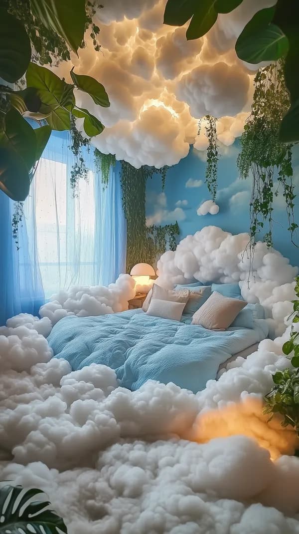 Dreamy Cloud Bedroom with Sky Wall and Plush Cloud Bed - HD Wallpaper, 4k Background Image