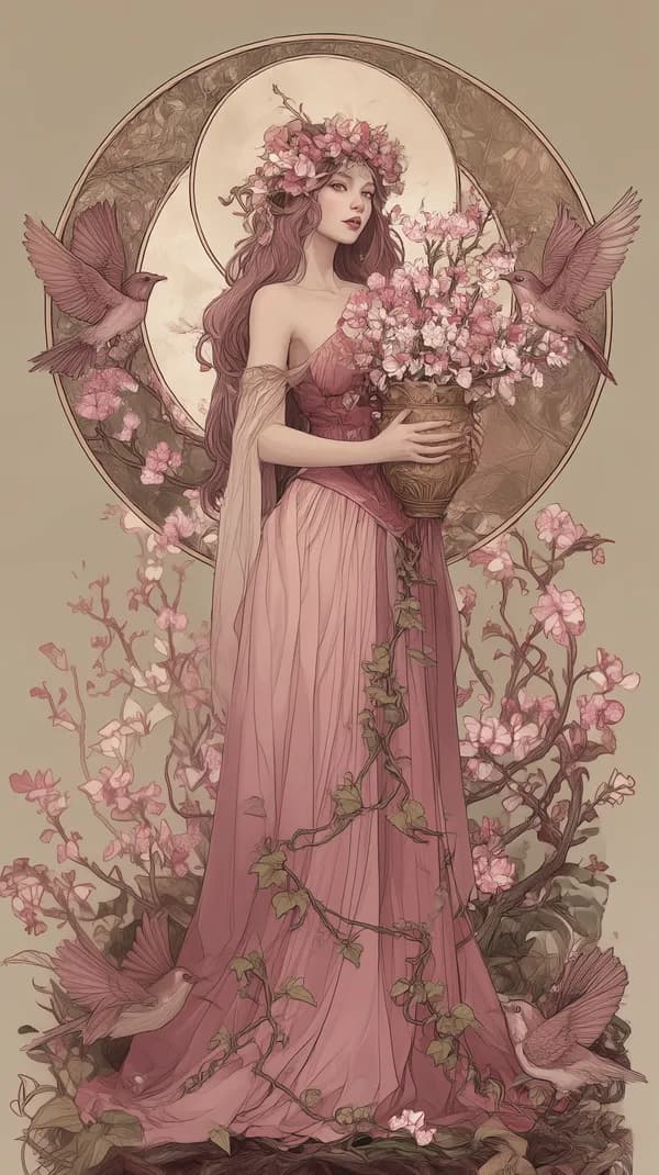 Enchanted Pink Maiden in Floral Halo - Art Nouveau Wallpaper - HD Wallpaper, 4k Background Image