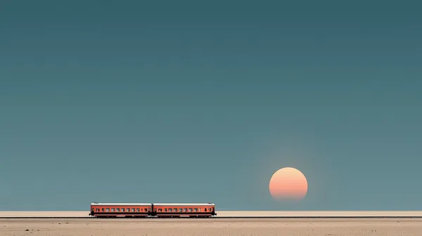 Sunset Train over Desolate Desert Horizon - Minimalist Wallpaper - HD Wallpaper, 4k Background Image
