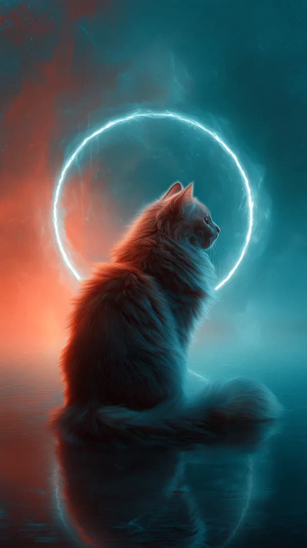 Dreamy Neon Cat Portrait with Circular Halo Over Ocean - HD Wallpaper, 4k Background Image