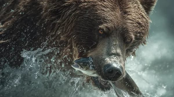 Epic Bear with Fish in Mouth, Splashing Water Scene - HD Wallpaper, 4k Background Image