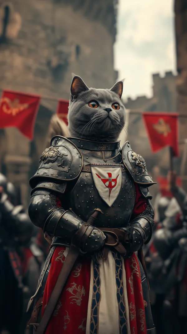 Epic Knight Cat in Shining Armor Amid Castle Battle Scene - HD Wallpaper, 4k Background Image