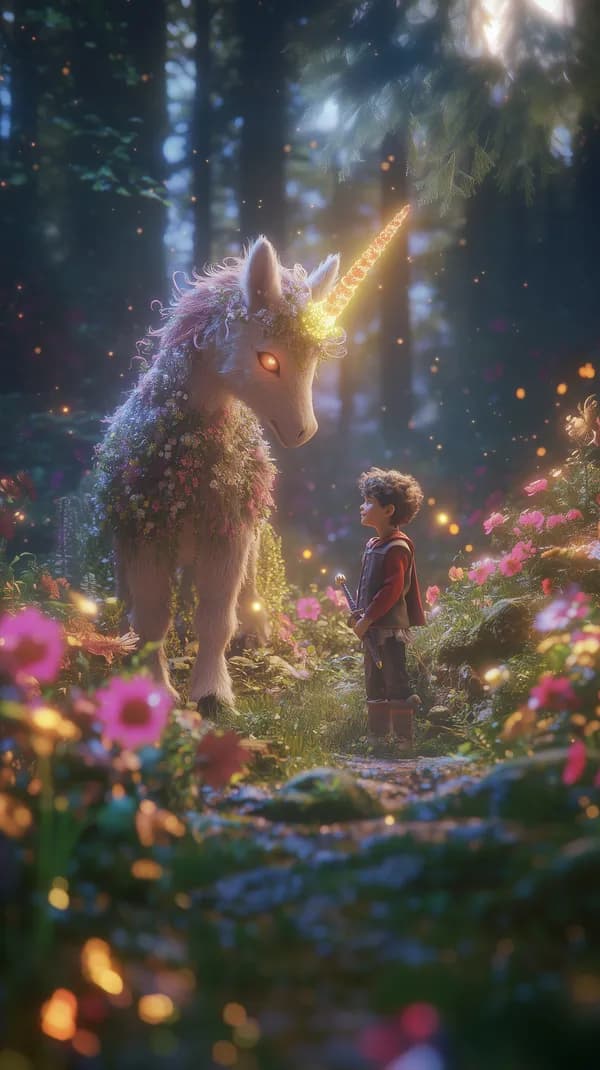 Enchanted Forest Unicorn Encounter with a Young Child - HD Wallpaper, 4k Background Image