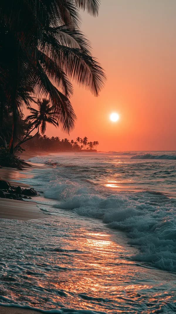 Tropical Beach Sunset with Palm Trees and Ocean Waves - HD Wallpaper, 4k Background Image