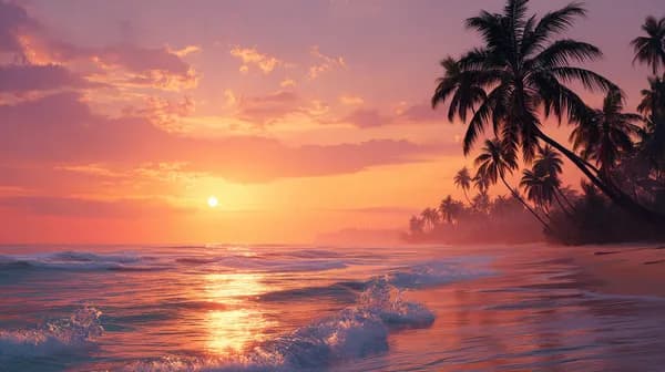 Tropical Sunset Over Calm Ocean with Silhouetted Palm Trees At Dusk - HD Wallpaper, 4k Background Image