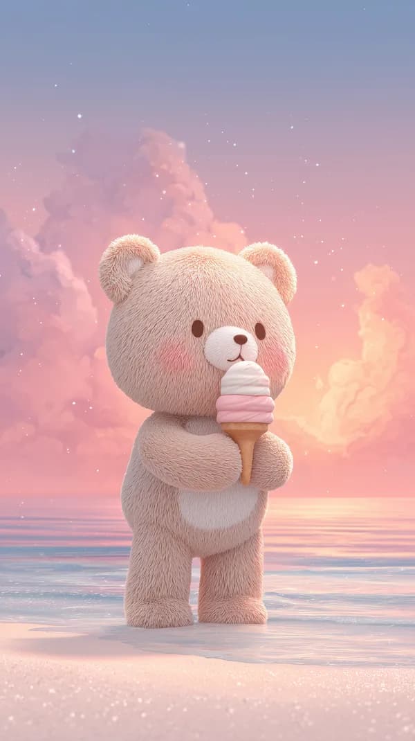 Pastel Bear with Ice Cream at Sunset Beach Wallpaper - HD Wallpaper, 4k Background Image