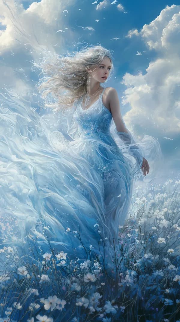 Dreamy Ethereal Woman in a Sky-Field with Flowing Blue Dress - HD Wallpaper, 4k Background Image