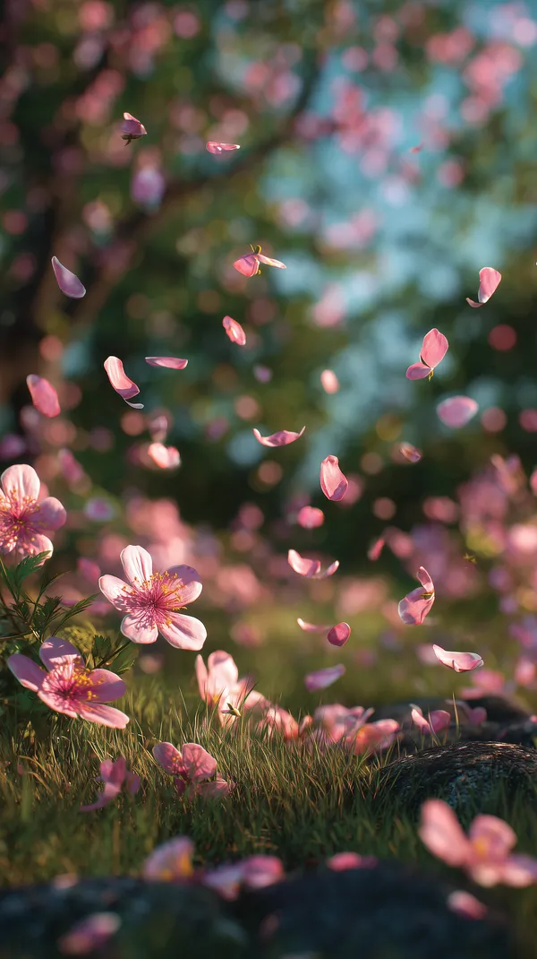 Soft Pink Petal Shower in a Sunlit Garden with Bokeh Glow - HD Wallpaper, 4k Background Image