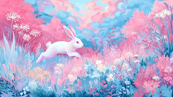 Pastel Meadow Rabbit: Dreamy Floral Digital Wallpaper Art - HD Wallpaper, 4k Background Image