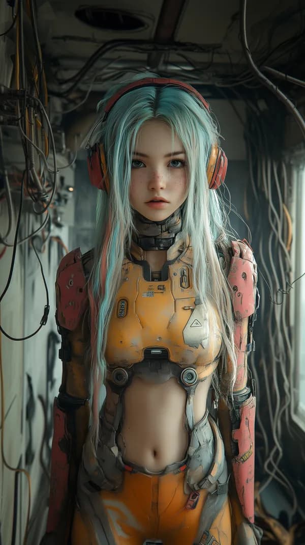 Cybernetic Portrait: Neon Armored Suit with Mint Hair - HD Wallpaper, 4k Background Image