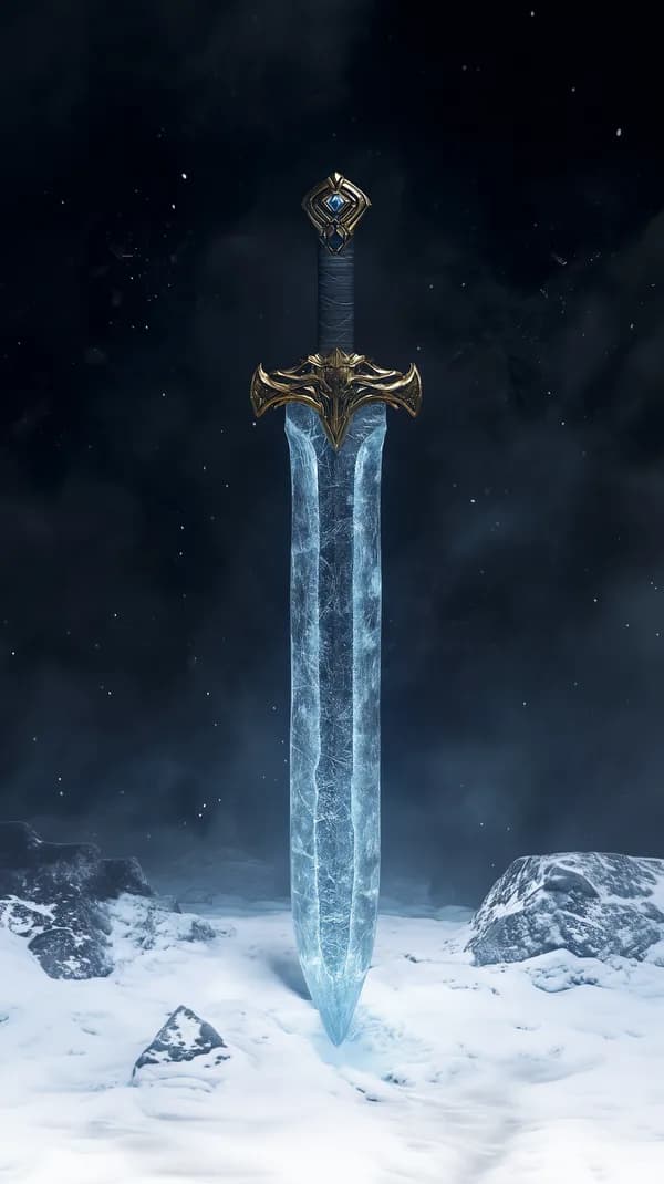 Icebound Sword in Night Sky: Crystal Blade Over Snow - HD Wallpaper, 4k Background Image