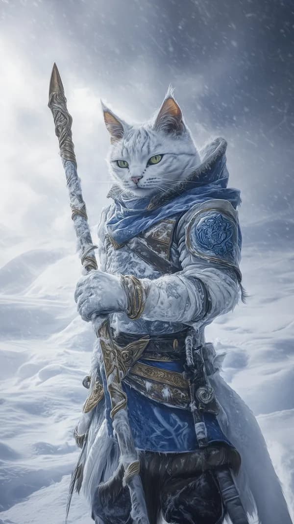 Icebound Feline Warrior: Frosty Armor, Spear in Snowy Realm - HD Wallpaper, 4k Background Image