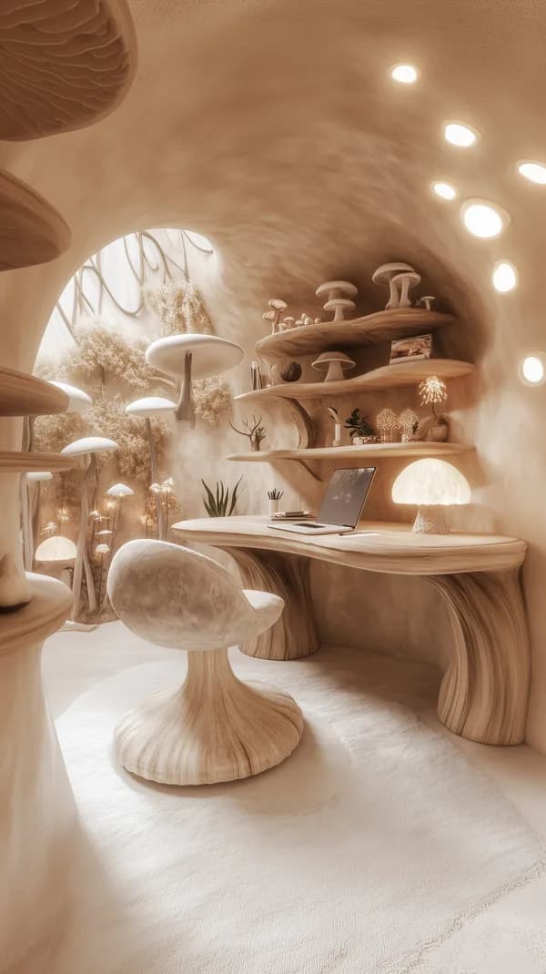 Mushroom-Inspired Cozy Study Room with Organic Furniture - HD Wallpaper, 4k Background Image