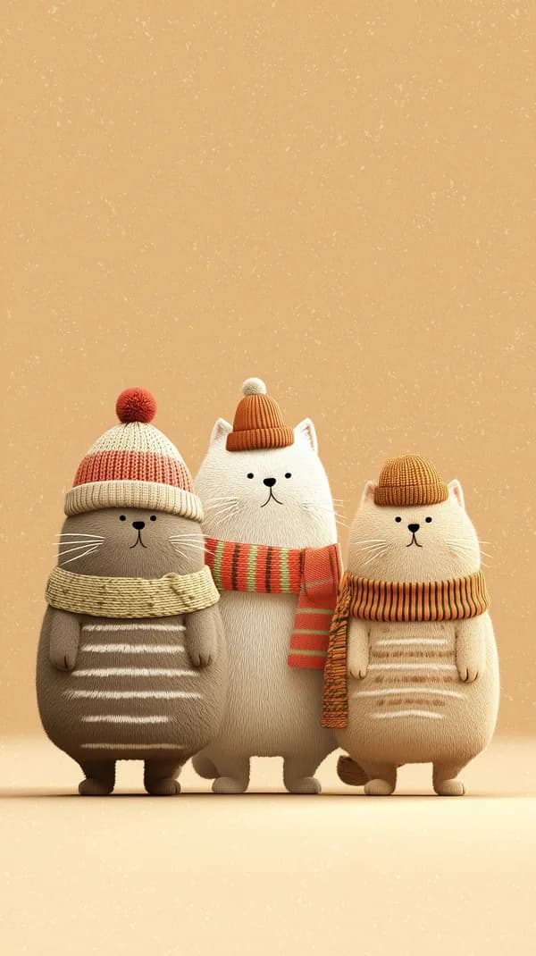 Whimsical Cozy Knitted Cat Trio in Winter Hats Wallpaper - HD Wallpaper, 4k Background Image