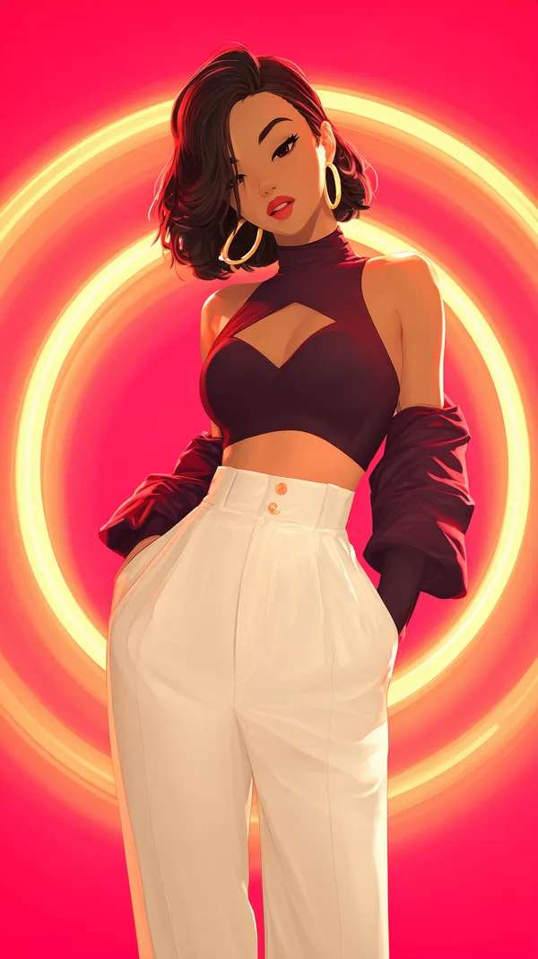 Neon Glow Fashion Portrait: Stylish Woman in White Pants - HD Wallpaper, 4k Background Image