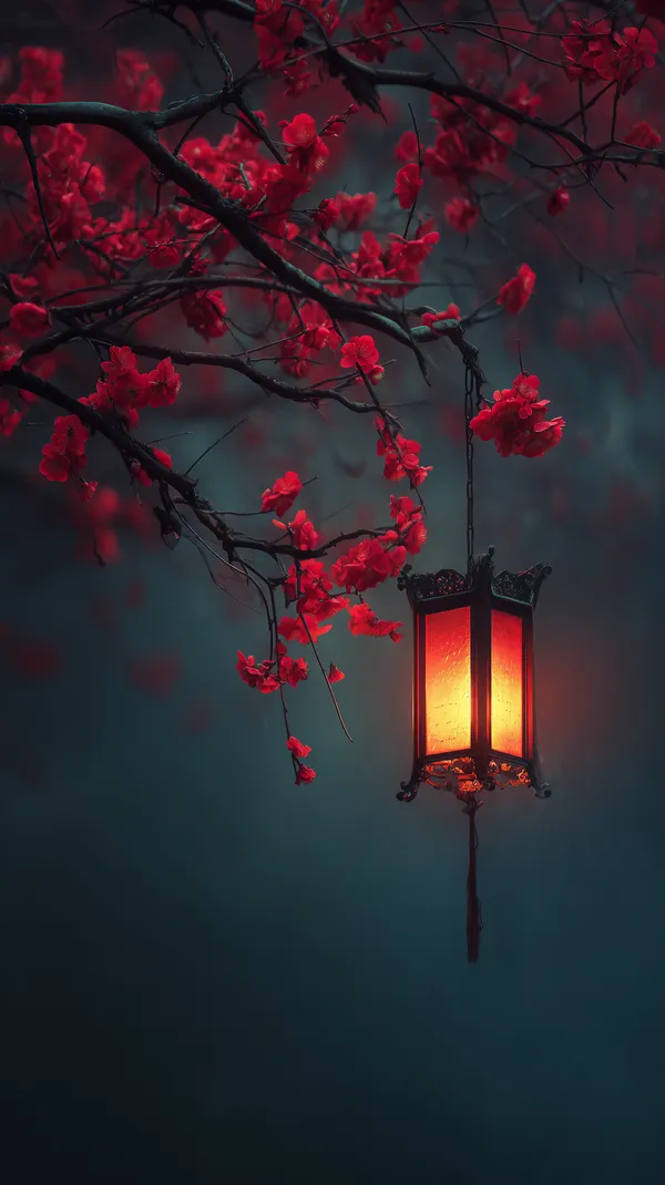 Moonlit Lantern Among Crimson Blossoms - Nighttime Wallpaper - HD Wallpaper, 4k Background Image
