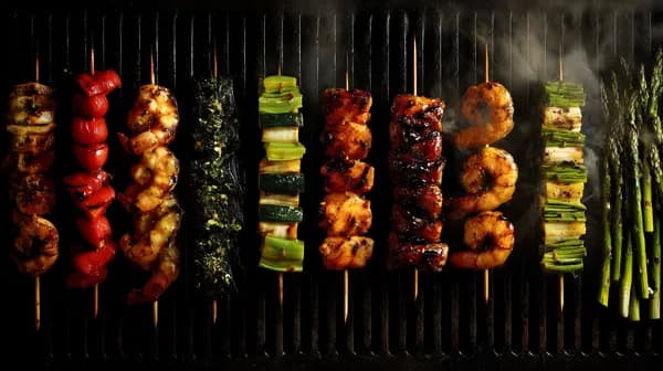Sizzling Skewers on Barbecue Grill – Colorful Grill Night - HD Wallpaper, 4k Background Image