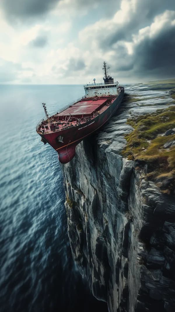 Desolate ship perched on a cliff edge over the ocean - HD Wallpaper, 4k Background Image