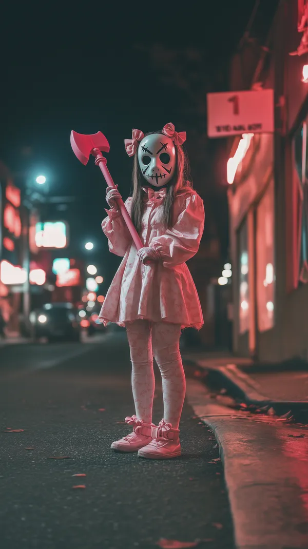 Nighttime Masked Child with Neon Axe on Pink City Street - HD Wallpaper, 4k Background Image
