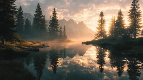 Tranquil Alpine Lake Sunrise with Misty Forest Reflections - HD Wallpaper, 4k Background Image