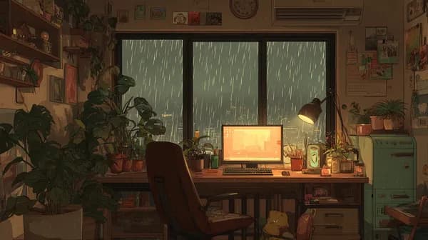Cozy Rainy Night Workspace with Lush Plants and Warm Glow - HD Wallpaper, 4k Background Image