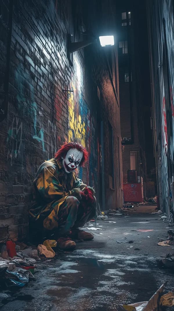 Moody urban alley at night with creepy clown graffiti vibe - HD Wallpaper, 4k Background Image