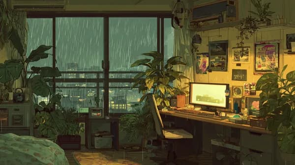 Rainy Night Home Office Surrounded by Lush Plants Wallpaper - HD Wallpaper, 4k Background Image