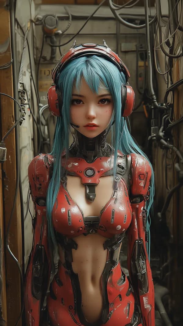 Futuristic Cyborg Woman in Red Armor with Teal Hair and Headset - HD Wallpaper, 4k Background Image