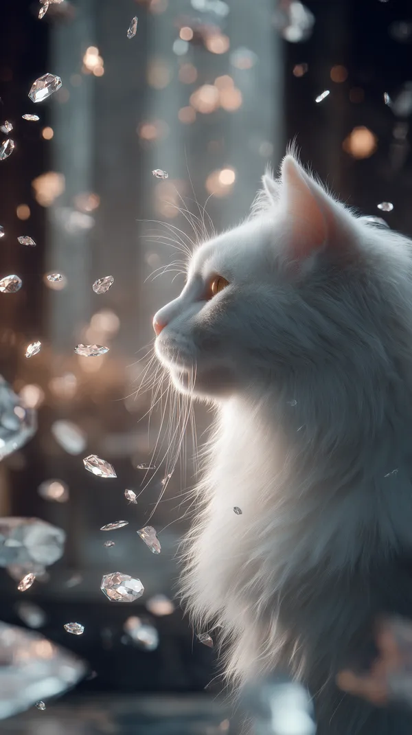 Elegant White Cat and Floating Crystals – Dreamy Wallpaper - HD Wallpaper, 4k Background Image