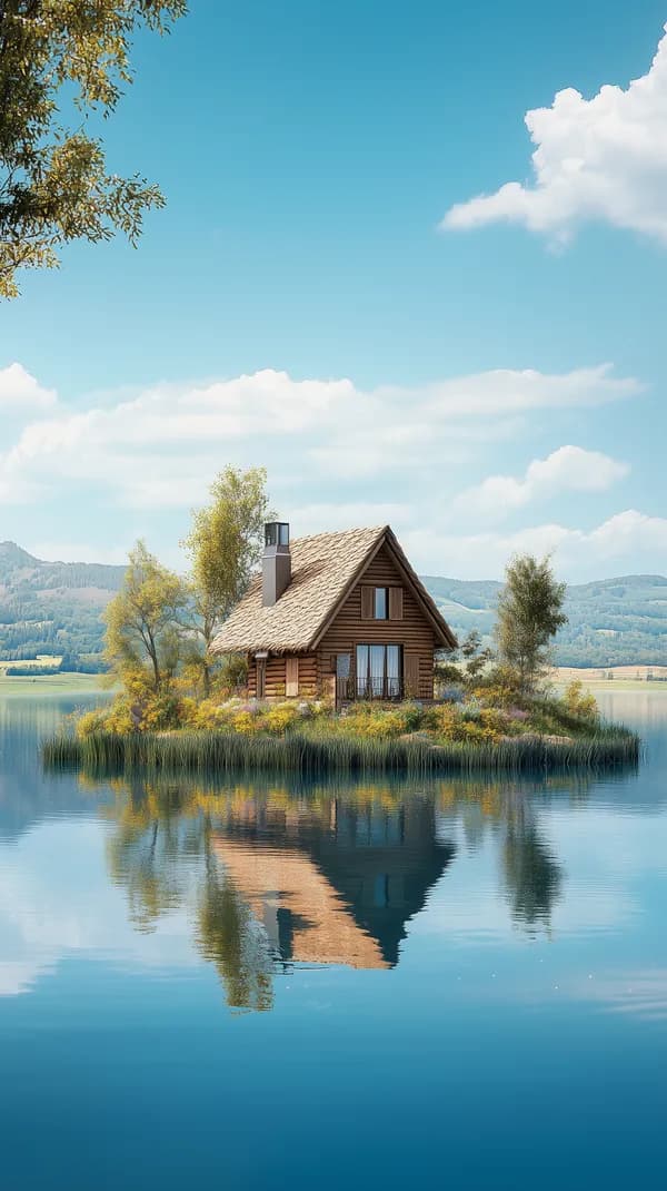 Rustic Lakeside Cabin on a Peaceful Island Landscape - HD Wallpaper, 4k Background Image