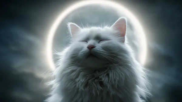 Dreamy Ethereal White Cat Under Halo Moonlight Wallpaper - HD Wallpaper, 4k Background Image