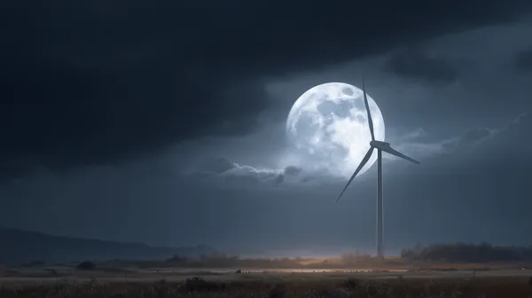 Moonlit Night Wind Turbine Landscape Wallpaper with Glowing Moon - HD Wallpaper, 4k Background Image