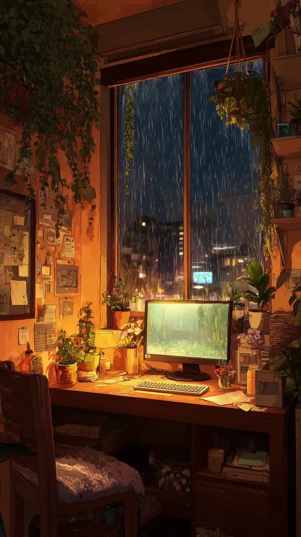 Cozy Rainy Night Home Office with Lush Indoor Plants - HD Wallpaper, 4k Background Image