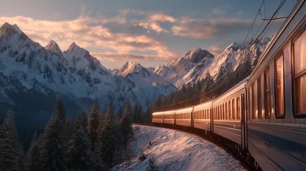 Sunset Mountain Train Through Snowy Peaks Wallpaper Scene - HD Wallpaper, 4k Background Image