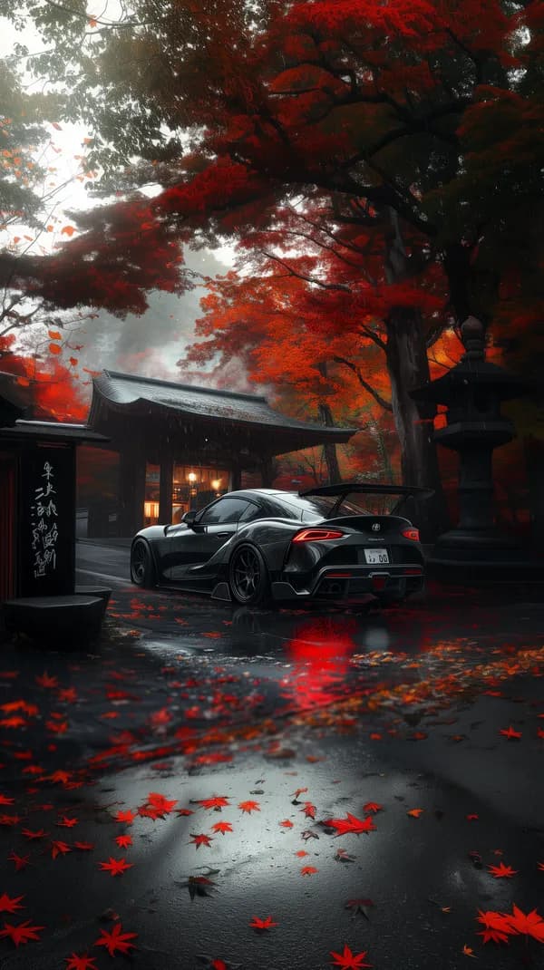 Autumn Night Street: Sleek Sports Car by a Lantern-lit Temple - HD Wallpaper, 4k Background Image