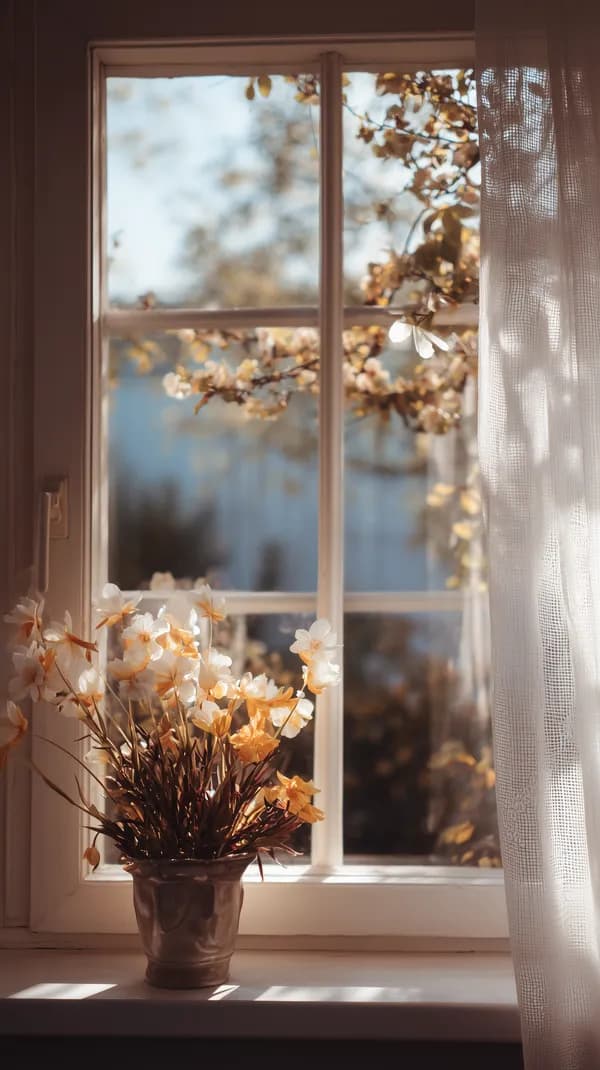 Sunlit Window with Floral Arrangement — Cozy Autumn Glow - HD Wallpaper, 4k Background Image