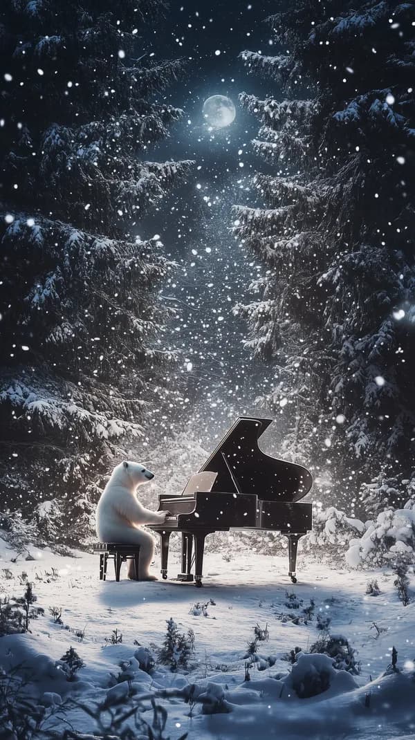 Moonlit Winter Piano Solo: Polar Bear Plays in Snowy Forest - HD Wallpaper, 4k Background Image