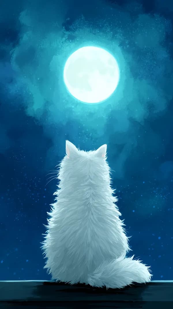 Moonlit White Cat Watching the Full Moon - Night Sky Wallpaper - HD Wallpaper, 4k Background Image