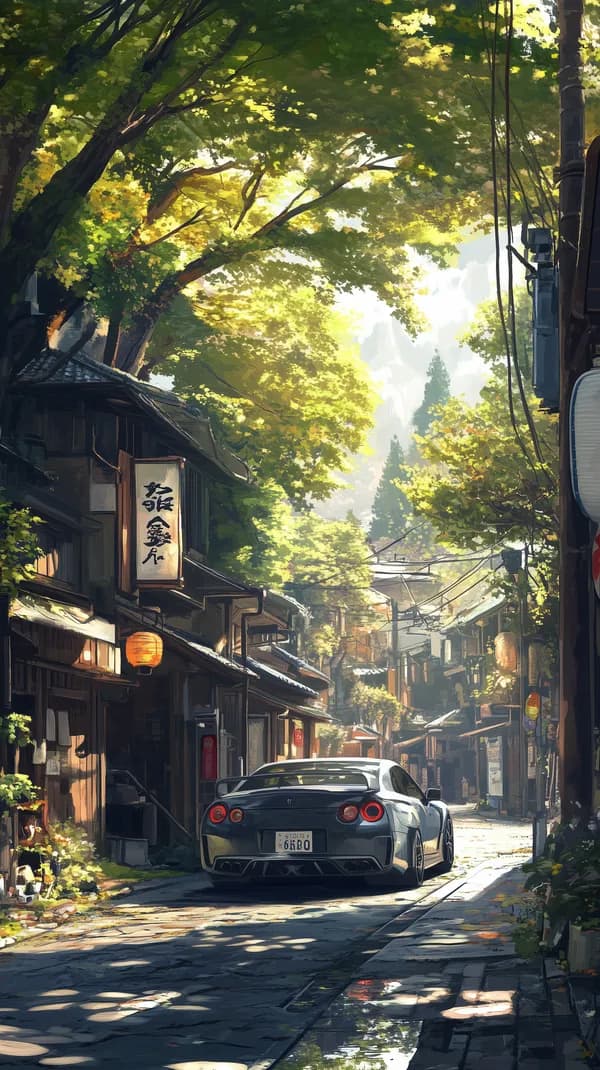Sunlit Alley Street Scene with Lush Trees and Sleek Sports Car - HD Wallpaper, 4k Background Image