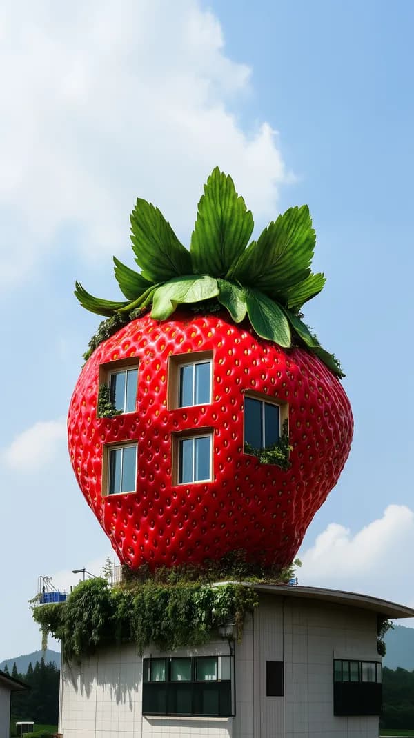 Giant Strawberry House: Surreal Architecture Under Blue Sky - HD Wallpaper, 4k Background Image