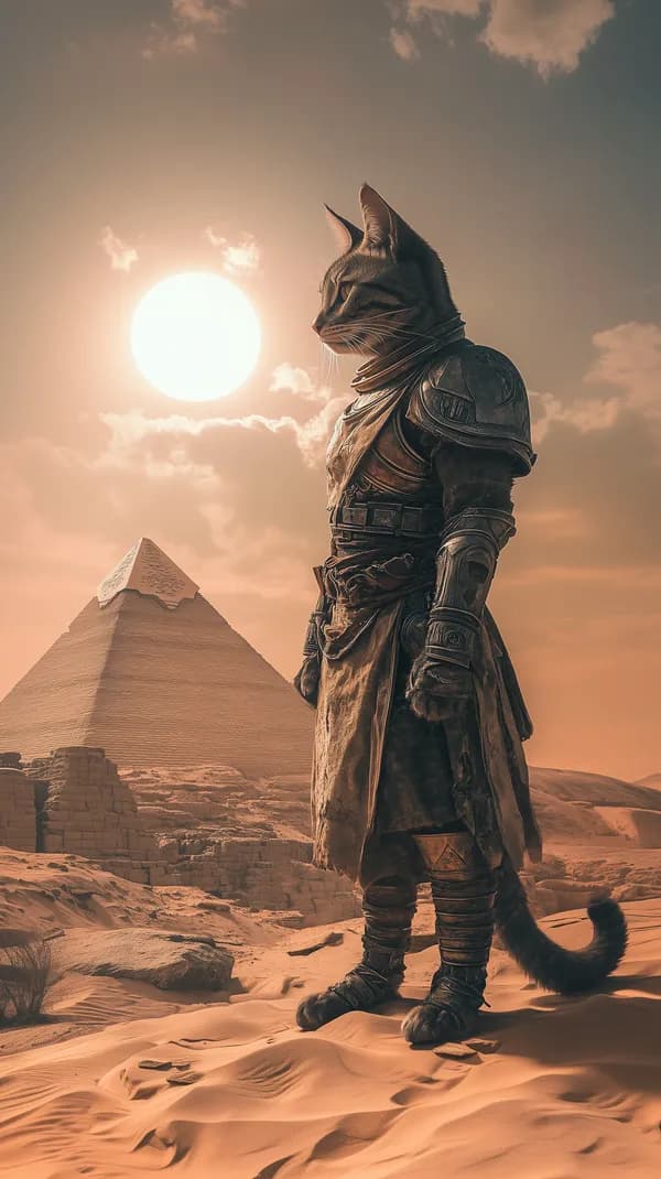 Armored Cat Warrior in Desert Sunset with Ancient Pyramid - HD Wallpaper, 4k Background Image