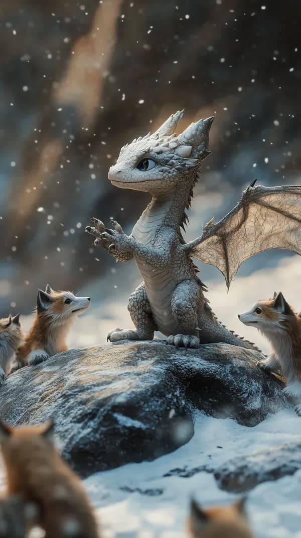 Whimsical Snowy Dragon with Foxes in a Fantasy Vista - HD Wallpaper, 4k Background Image