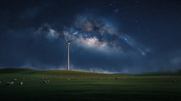 Night Sky Over Wind Turbine Field: Starry Milky Way Landscape - HD Wallpaper, 4k Background Image