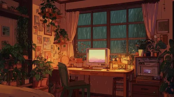 Cozy Rainy Night Desk Scene with Plants and Computer Glow - HD Wallpaper, 4k Background Image