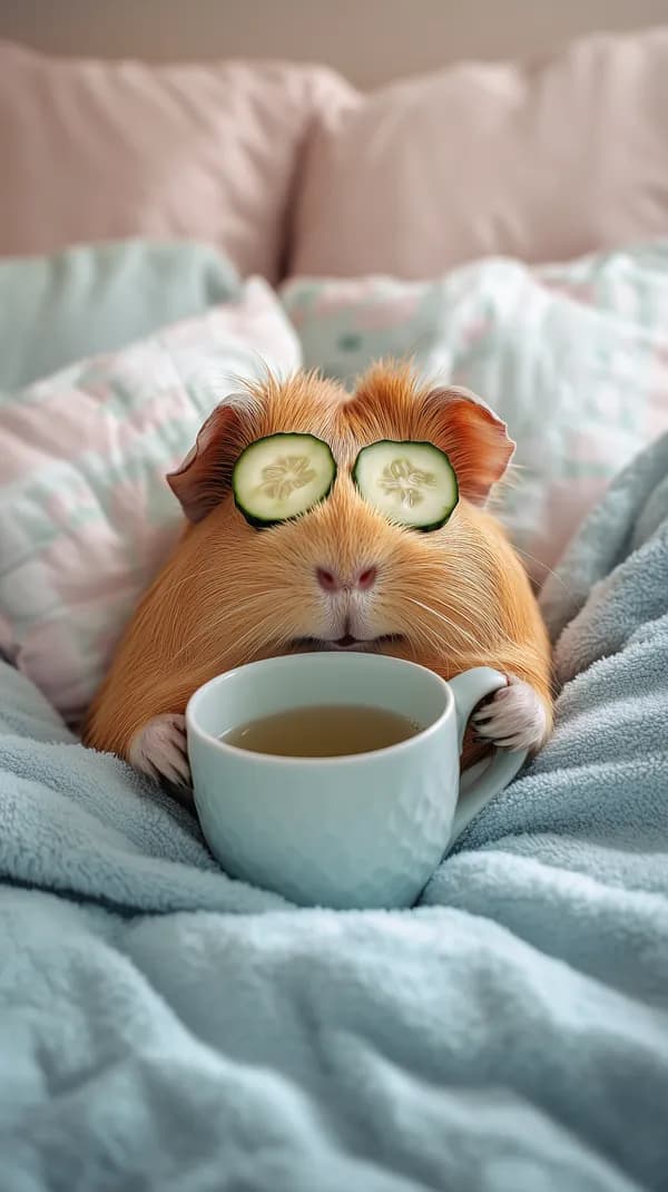 Whimsical guinea pig with cucumber eyes sipping tea on cozy blanket - HD Wallpaper, 4k Background Image