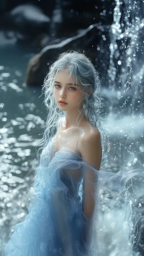 Dreamlike Blue Waterfall Portrait with Flowing Translucent Fabric - HD Wallpaper, 4k Background Image