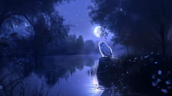 Moonlit Forest Lake with Owl Under a Starry Blue Night Sky - HD Wallpaper, 4k Background Image
