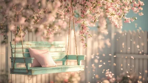 Pastel Garden Swing Under Blooming Cherry Blossom Canopy - HD Wallpaper, 4k Background Image