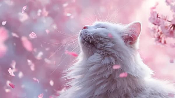 Dreamy Pink Petal Cat Wallpaper - Soft Pastel Fluffy Feline - HD Wallpaper, 4k Background Image